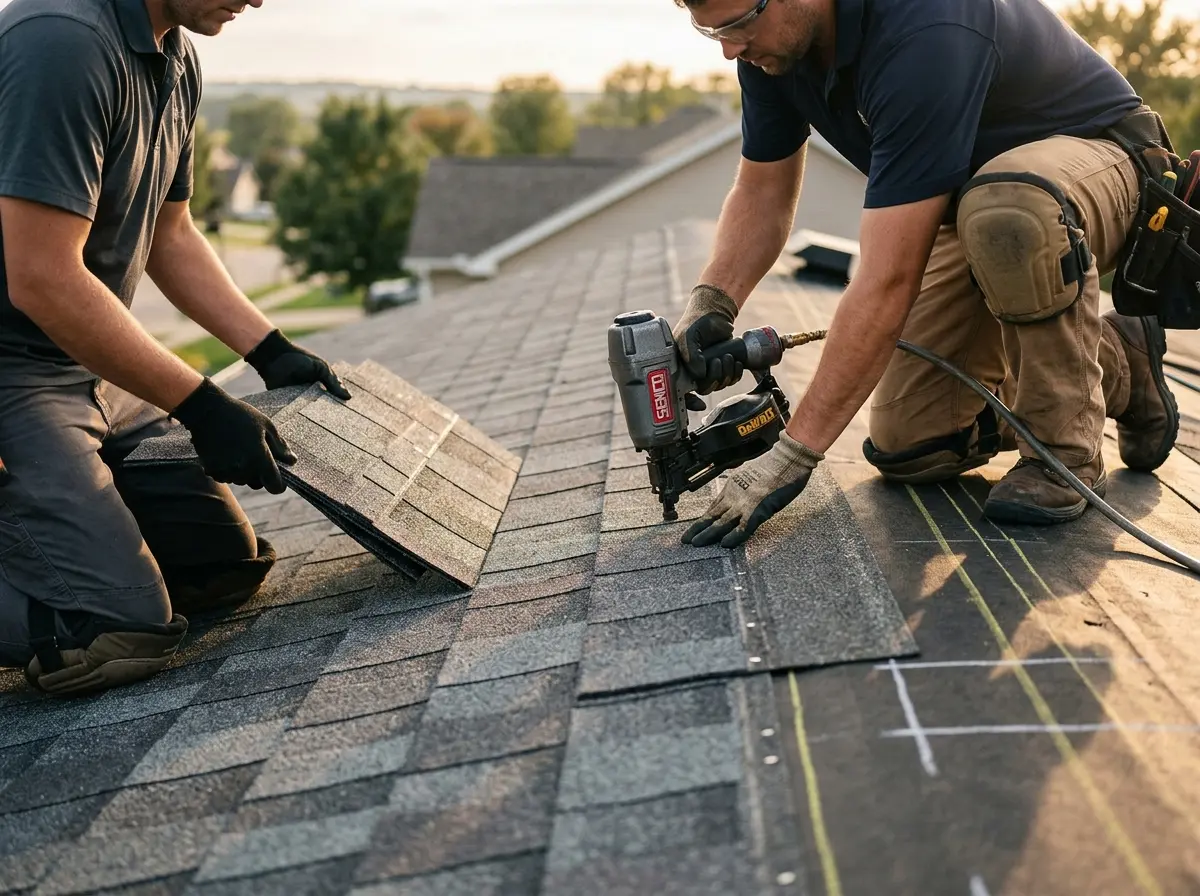 Professional roofer working on a residential roof in Lake Grove